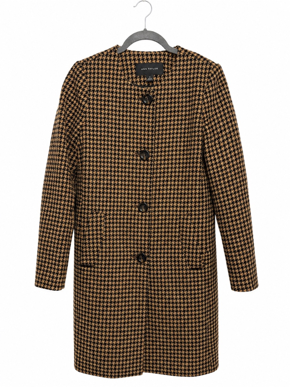 Ann Taylor Houndstooth Collarless Long Coat Black Tan XS